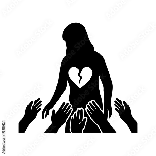 Woman silhouette with broken heart receiving support and empathy