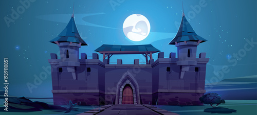 Medieval castle wall at night, fairytale fortress