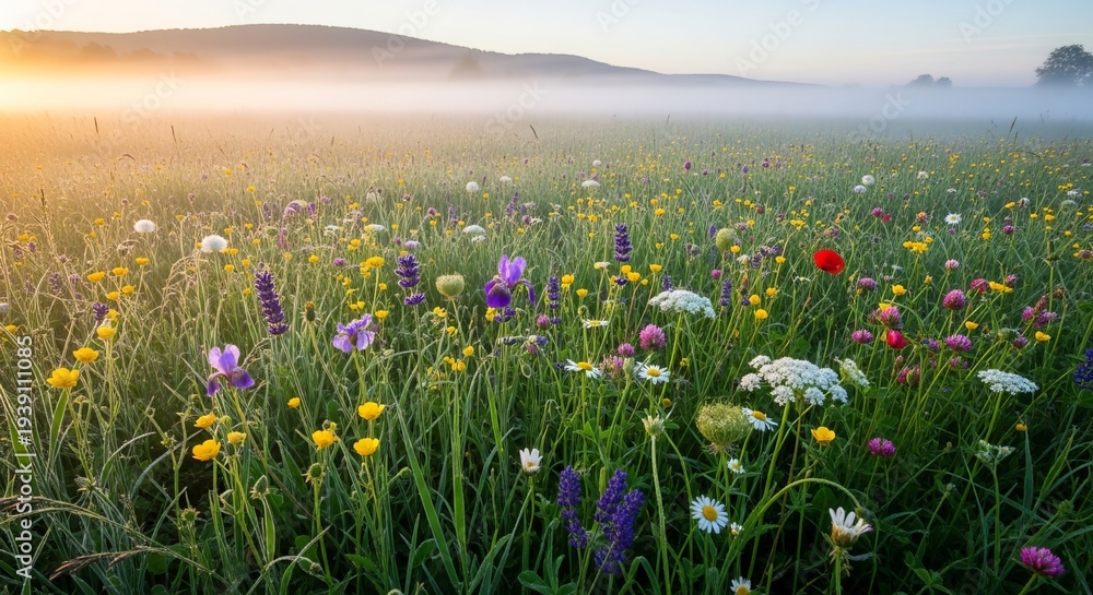 Obraz premium Wildflower meadow in morning mist at sunrise displays colorful blooms across green field with mountains on horizon creating magical natural landscape atmosphere