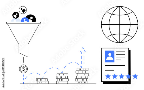 Funnel filtering candidates, stacked coins signifying financial outcomes, globe icon, and profile documents with ratings. Ideal for recruitment, HR, business ROI, hiring, analytics finance talent