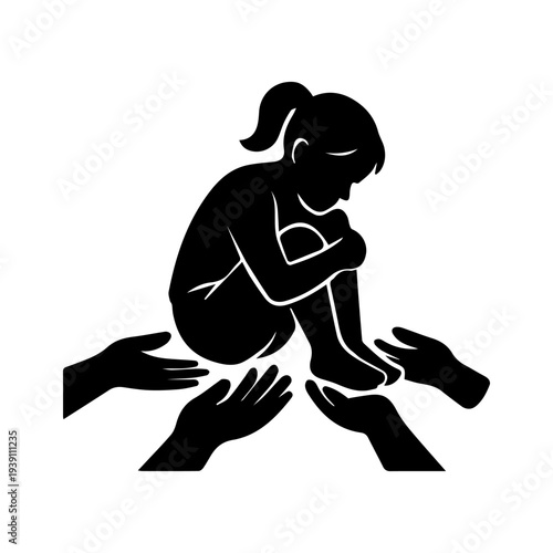 Child silhouette receiving support and protection from hands