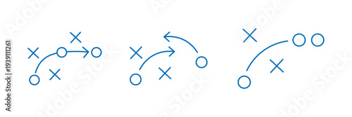 American Football Playbook Strategy Icons Collection Showing Tactical Game Plans, Player Movement Routes, X and O Formation Symbols, Coaching Diagram Vector Set.eps10
