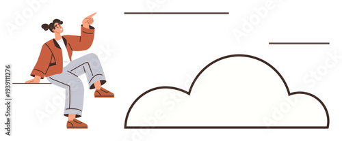 Cloud storage, technology concepts, innovation ideas, data sharing, future possibilities, teamwork. Woman pointing at an outlined cloud design. Cloud storage and technology concepts creatively