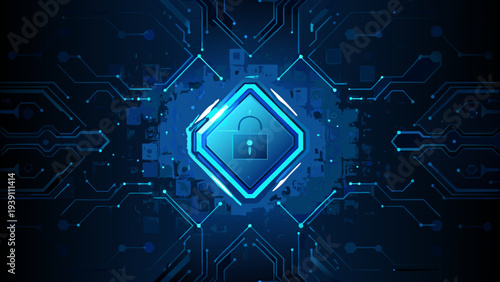 Digital security concept with a glowing lock amidst circuit board patterns