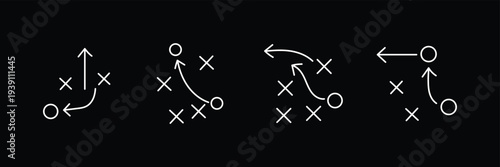 American Football Playbook Strategy Icons Collection Showing Tactical Game Plans, Player Movement Routes, X and O Formation Symbols, Coaching Diagram Vector Set.eps10