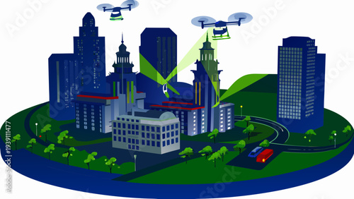 Futuristic cityscape with multiple drones emitting green beams of light