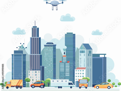 A drone flies over a stylized cityscape with buildings and vehicles
