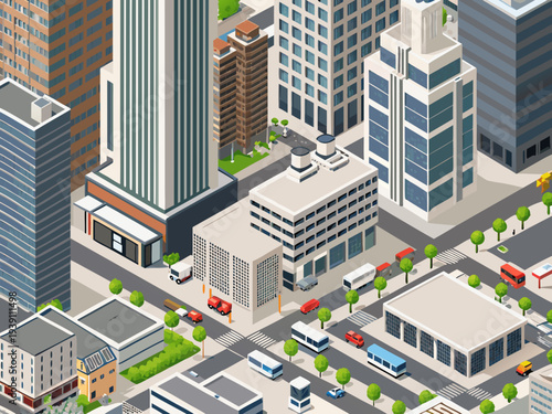 Isometric illustration of a bustling city street with modern buildings