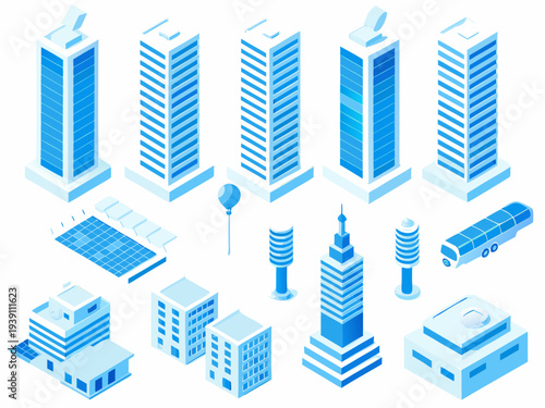 Isometric city elements buildings transport and infrastructure in blue tones