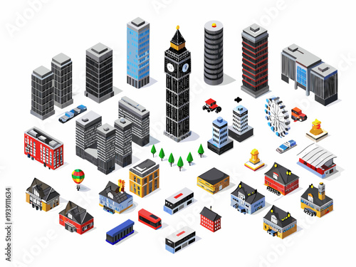 Isometric cityscape featuring big ben and various building blocks