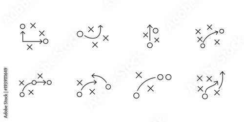 American Football Strategy Play Diagram Icon Set with X and O Players, Tactical Coaching Game Plan Routes, Offensive and Defensive Formation Arrows, Sports Playbook Vector Illustration.eps10