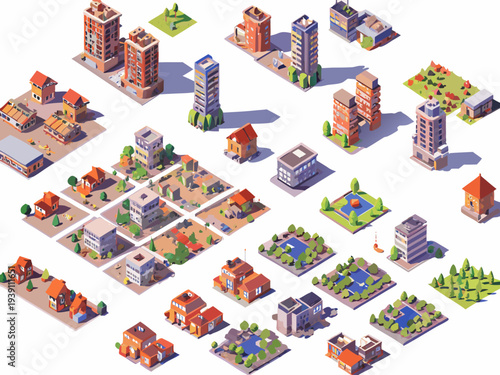 Isometric low poly city landscape with buildings parks and roads