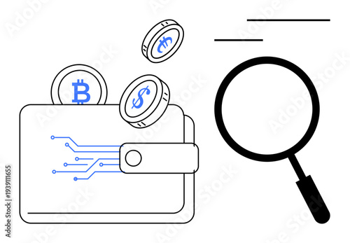 Cryptocurrency wallet concept. Digital wallet with Bitcoin and dollar coins, highlighting cryptocurrency and transaction transparency. Great for blockchain, fintech, finance, and security