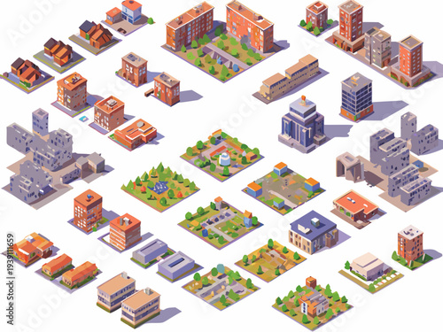 Isometric cityscape collection featuring buildings parks and roads