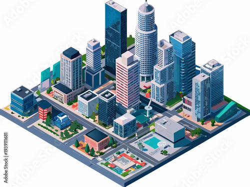 Isometric illustration of a modern city with skyscrapers and green spaces