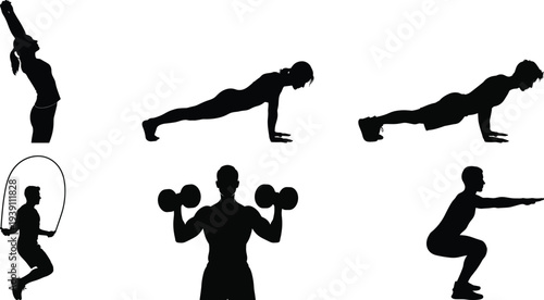 Fitness exercise silhouette set, workout training and gym activity vector collection