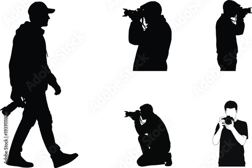 Photographer silhouette set, professional camera operator vector collection