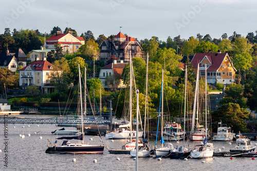 Photography Stockholm, Sweden waterfront with boats and hillside buildings