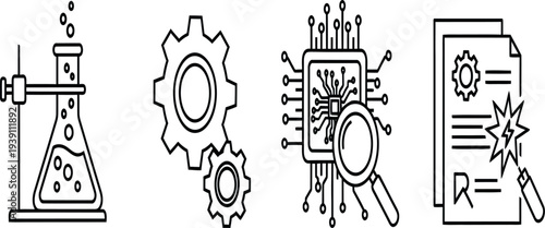 A set of four black and white line drawings representing science mechanics and technology