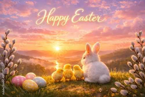 Breathtaking Easter card shot of a rabbit and chicks on a hilltop at sunrise with golden 