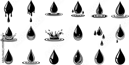 Black Liquid Drop Vector Icons Set. Collection of Water, Oil, or Petroleum Droplets in Various Styles: Dripping, Splashing, and Rippling Effects.