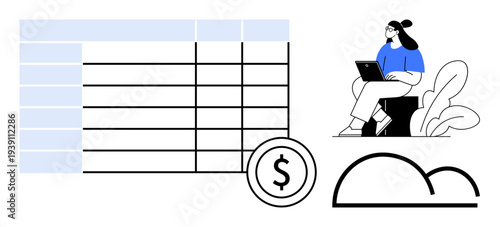 Financial data. Financial data through a spreadsheet, currency symbol, and cloud access. Financial data tools for remote work, cloud technology, and digital transformation. Usage finance, remote