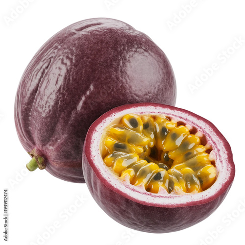 Fresh passionfruit with one half cut open