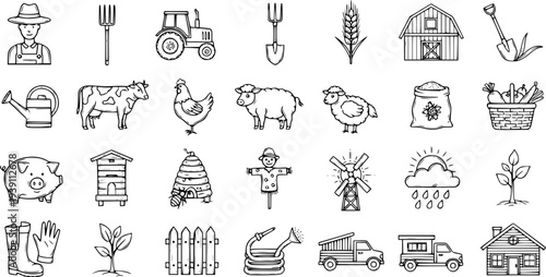 Hand-drawn farming and agriculture icons set. Doodle style illustrations of farm animals, tools, crops, vehicles, and structures.