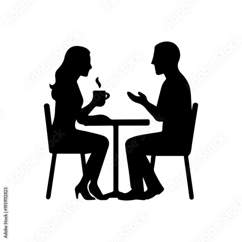 Woman and man sitting talking drinking coffee tea silhouette