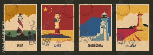 India, China, South Korea, Japan Lighthouses Attraction Postcard Set, Asian Light Beacons Popular Place Illustrations, Vector Templates Retro Style Greeting Cards. Vintage Colors, Aged Paper Texture
