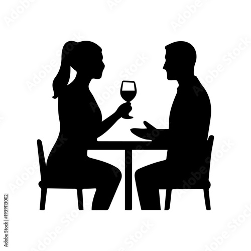 Woman and man on a date sitting talking drinking wine silhouette