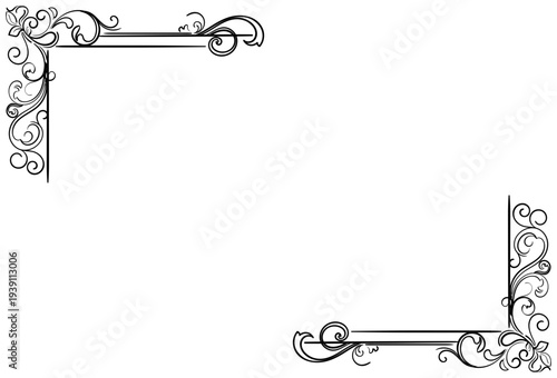 Vintage black art pattern, vintage swirling lines, floral corner embellishments.