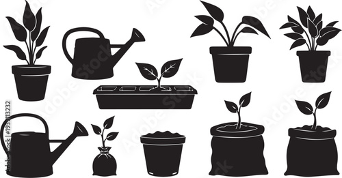Black Silhouette Plants and Gardening Tools Vector Illustration Set