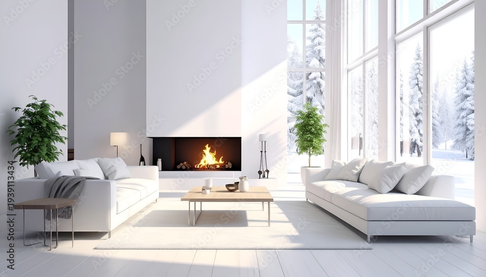 Naklejka premium Modern living room with fireplace and large windows overlooking a snowy