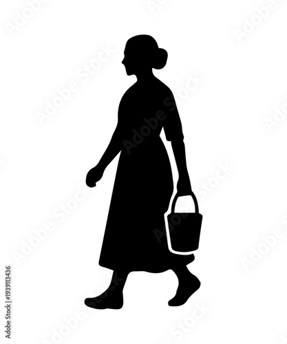 Woman silhouette carrying bucket daily labor