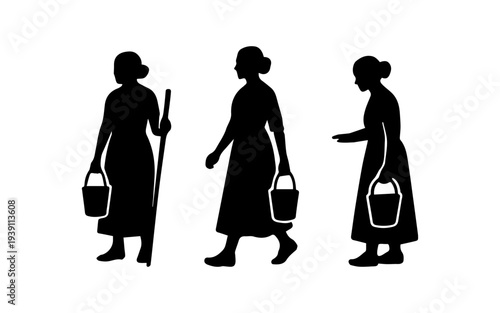 Women agricultural workers silhouettes carrying buckets daily labor