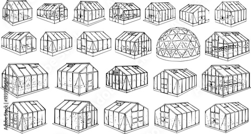 Collection of various greenhouse types in black and white line art, illustrating different designs and structures for gardening and cultivation.
