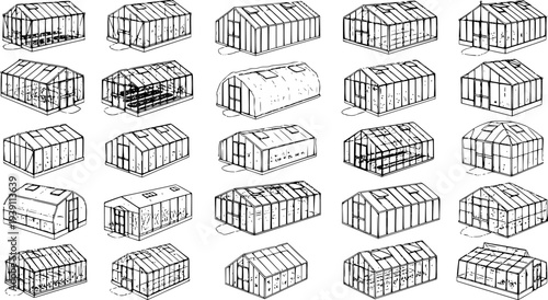 Greenhouse Designs Collection: Diverse Black and White Line Art Illustrations of Various Styles and Shapes for Gardening and Plant Cultivation