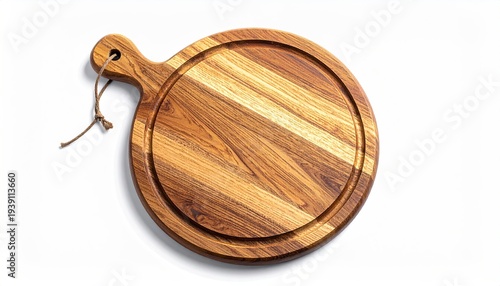 Round wooden cutting board with handle and juice groove, top view