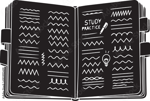 Open book silhouette study and practice pages with lines and lightbulb vector illustration