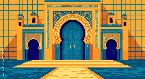 Moroccan Architecture Gateway Vector Illustration with Ornate Details and Colorful Tiles, an Artistic Representation