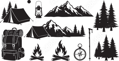 Camping icons and travel symbols in black and white