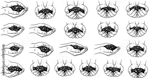 Hands holding soil pattern, hand-drawn black and white line art illustration set, depicting earth, dirt, and agriculture concepts in various human hand gestures and perspectives.