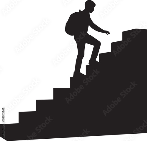 Success concept silhouette vector illustration of student with backpack climbing staircase