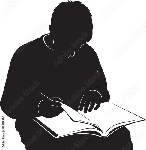 Studying person silhouette vector illustration reading book and taking notes with line art