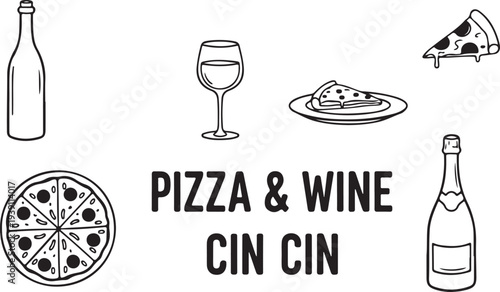 Set of 6 pizza and wine icons vector