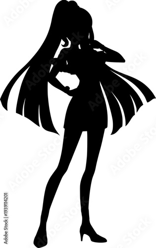 Dynamic full-body silhouette of a female idol in a stylish performance pose, trendy dancer isolated vector illustration on white background.