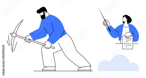 Individual mining with a pickaxe and a supervisor holding a document pointing upward. Ideal for labor, teamwork, technology, cloud storage, data analysis, leadership, decision-making. Simple flat