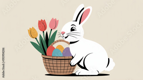 White cartoon rabbit with easter eggs and tulips in a wicker basket symbolizing spring and new life against a soft beige background