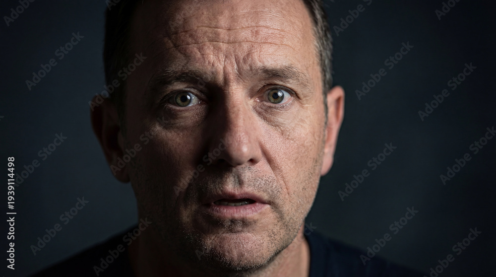 Fototapeta premium Intense gaze of a mature man illuminated by dramatic light, revealing the depth of his pensive soul and furrowed brow